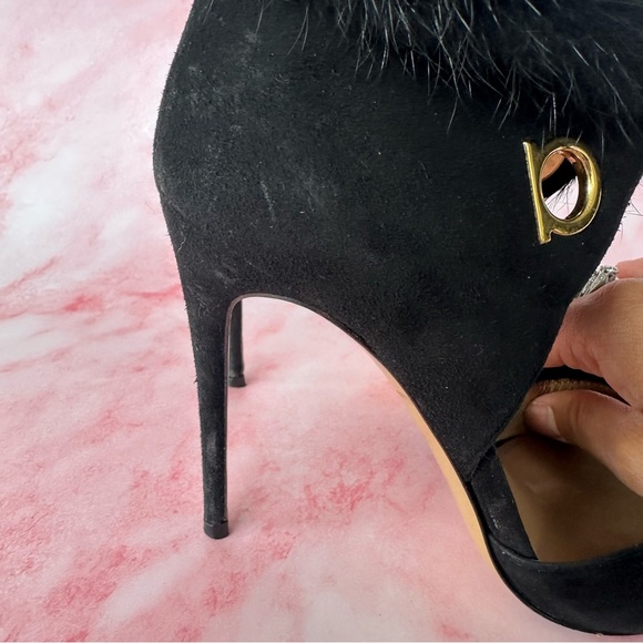 SALVATORE FERRAGAMO Francesca Mink Trim Suede Leather Pumps Black Sz 5.5 - Picture 6 of 16